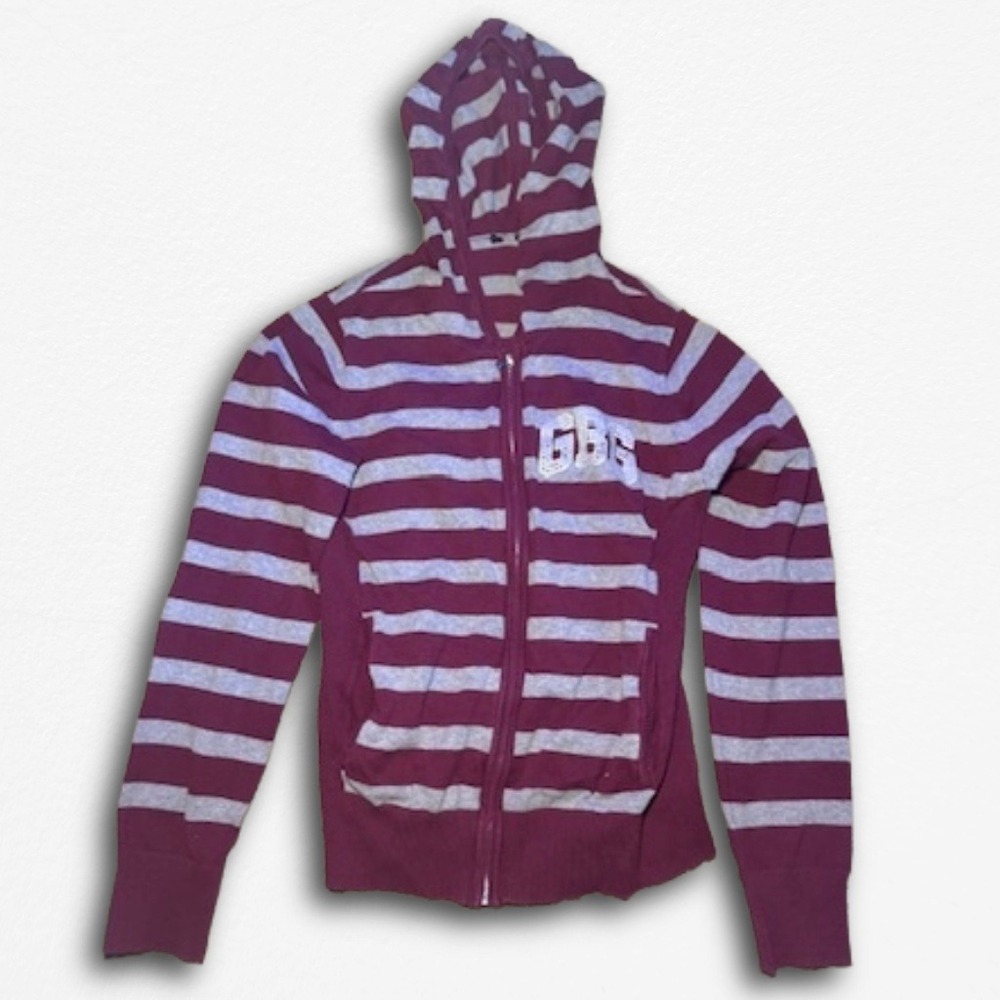 Size Small (?) GBG Guess Womens Striped Zip Up Hoodie Burgundy Logo Knit Sweater